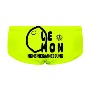 Costume da allenamento nuoto in piscina Boneswimmer da uomo, modello parigamba UCLA 209UF LIMONE con illustrazione limone nero con sorriso e scritta "LEMON NON SINE GAANESUNO" su sfondo giallo elettrico; retro