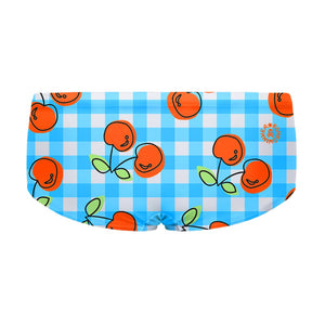 Costume da allenamento nuoto in piscina Boneswimmer da uomo, modello parigamba UCLA 211UF VICHY CILIEGIE con illustrazione a pattern di quadretti bianchi e azzurri con ciliegie rosse e dettagli verdi; retro
