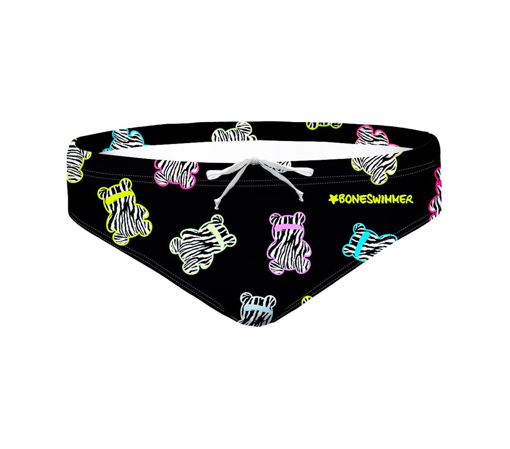 Costume da allenamento nuoto in piscina Boneswimmer da uomo, modello slip H2OTTO ABIBÒ con serie di orsettini gommosi su fondo nero; fronte
