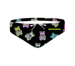Costume da allenamento nuoto in piscina Boneswimmer da uomo, modello slip H2OTTO ABIBÒ con serie di orsettini gommosi su fondo nero; fronte