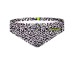 Costume da allenamento nuoto in piscina Boneswimmer da uomo, modello slip H2OTTO MACULATO con un pattern di macchi nere su fondo bianco; fronte