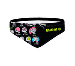 Costume da allenamento nuoto in piscina Boneswimmer da uomo, modello slip H2OTTO MONSTER con un serie di iconcine di mostriciattoli-teschio su sfondo nero; fronte