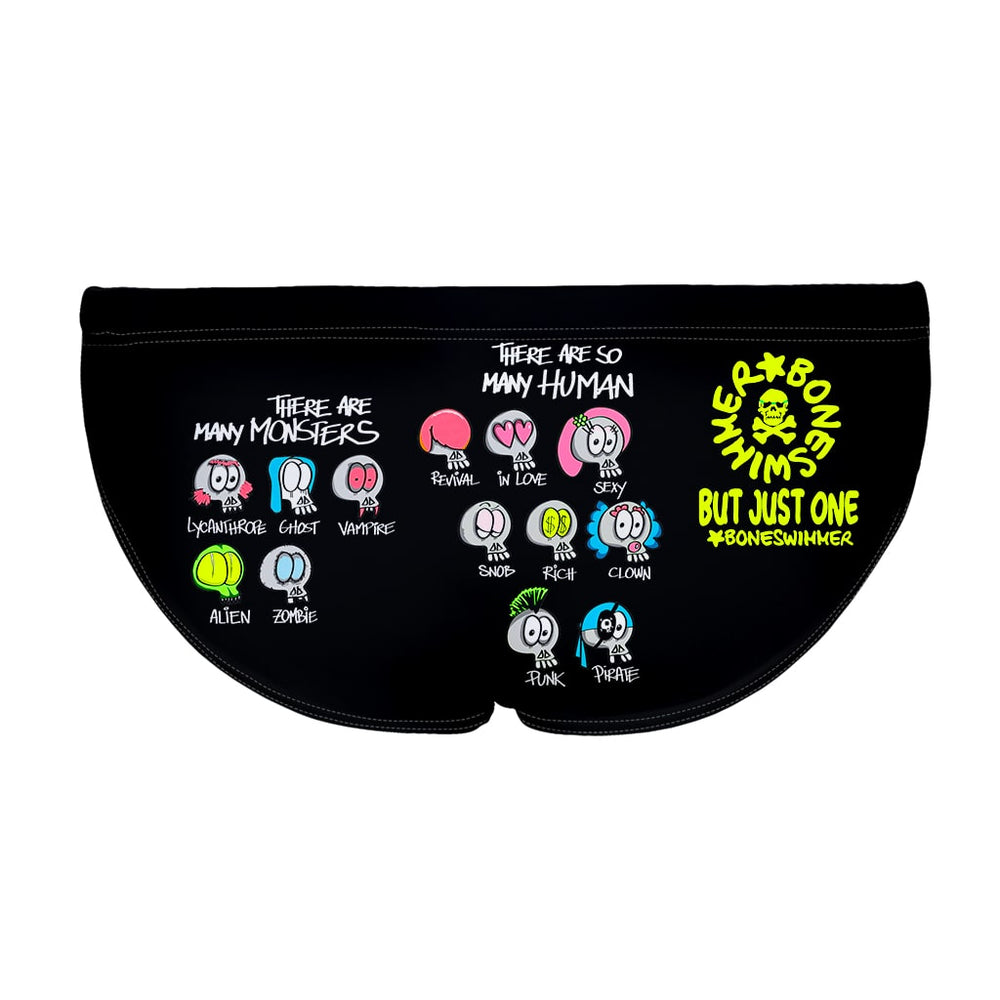 La vista posteriore del costume da nuoto Boneswimmer H2OTTO MONSTER con un serie di iconcine di mostriciattoli-teschio su sfondo nero