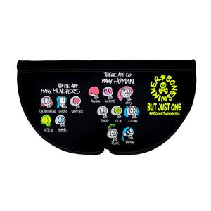 La vista posteriore del costume da nuoto Boneswimmer H2OTTO MONSTER con un serie di iconcine di mostriciattoli-teschio su sfondo nero