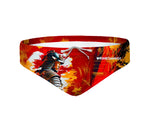 Costume da allenamento nuoto in piscina Boneswimmer da uomo, modello slip H2OTTO SAMURAI con un guerriero giapponese in un contesto dai colori rossi e autunnali; fronte