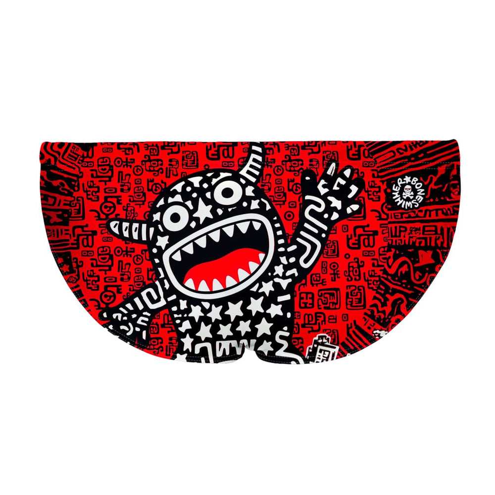 La vista posteriore del costume da nuoto Boneswimmer H2OTTO TRIBALE con un simpatico mostro in stile pop art