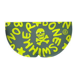Costume taglio slip da bambino per allenamento nuoto in piscina Boneswimmer, modello H2OTTO 313H con grafica teschi e simboli giallo fluo su sfondo verde militare, retro