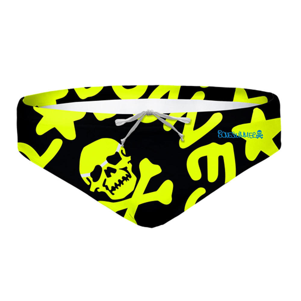Costume taglio slip da uomo per allenamento nuoto in piscina Boneswimmer, modello H2OTTO 284HF con grafica teschi e simboli giallo fluo su sfondo nero, fronte