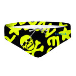 Costume taglio slip da uomo per allenamento nuoto in piscina Boneswimmer, modello H2OTTO 284HF con grafica teschi e simboli giallo fluo su sfondo nero, fronte