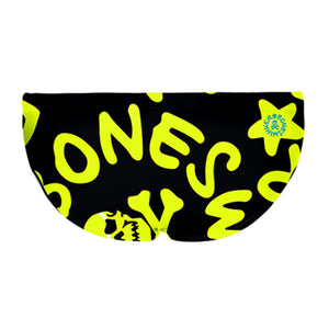 Costume taglio slip da uomo per allenamento nuoto in piscina Boneswimmer, modello H2OTTO 284HF con grafica teschi e simboli giallo fluo su sfondo nero, retro