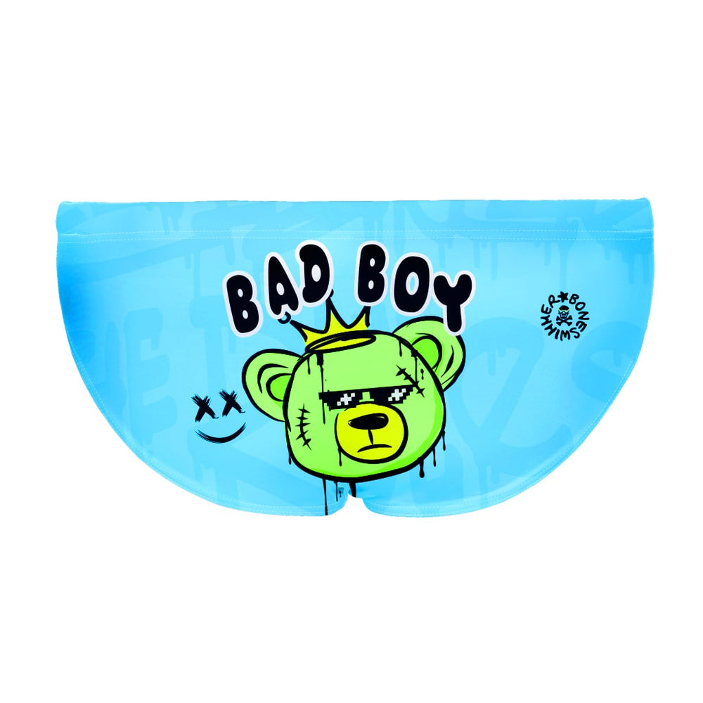 Costume da allenamento nuoto in piscina Boneswimmer da uomo uomo e bambino, modello slip H2OTTO 382HF BAD con grafica "Bad Boy" e orso verde con corona e occhiali; retro