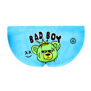 Costume da allenamento nuoto in piscina Boneswimmer da uomo uomo e bambino, modello slip H2OTTO 382HF BAD con grafica "Bad Boy" e orso verde con corona e occhiali; retro