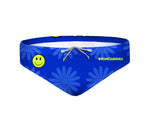 Costume da allenamento nuoto in piscina Boneswimmer da uomo, modello slip H2OTTO 383HF USE YOUR SMILE con grafica margherite blu e faccina gialla sorridente; fronte