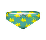 Costume da allenamento nuoto in piscina Boneswimmer da uomo e bambino, modello slip H2OTTO 384HF STELLE MARINE con grafica stelle marine gialle su sfondo turchese; fronte
