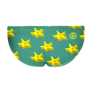 Costume da allenamento nuoto in piscina Boneswimmer da uomo, modello slip H2OTTO 384HF STELLE MARINE con grafica stelle marine gialle su sfondo turchese; retro
