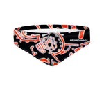 Costume da allenamento nuoto in piscina Boneswimmer da uomo e bambino, modello slip H2OTTO 385HF TESCHIO NEON con grafica tribale arancione e teschio stilizzato su sfondo nero; fronte