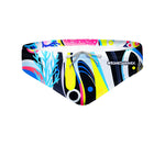 Costume da allenamento nuoto in piscina Boneswimmer da uomo e bambino, modello slip H2OTTO 386HF CORALLO con stampa artistica astratta a onde e forme colorate; fronte