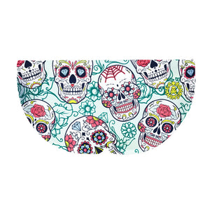 Costume da allenamento nuoto in piscina Boneswimmer da uomo, modello slip H2OTTO 387HF TESCHI MEX con grafica teschi messicani e fiori colorati su sfondo bianco; retro