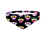 Costume da allenamento nuoto in piscina Boneswimmer da uomo e bambino, modello slip H2OTTO 388HF SCIMMIETTE con design con teste di scimmia giallo, rosa, blu e bianco su sfondo nero punteggiato; fronte
