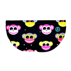 Costume da allenamento nuoto in piscina Boneswimmer da uomo e bambino, modello slip H2OTTO 388HF SCIMMIETTE con design con teste di scimmia giallo, rosa, blu e bianco su sfondo nero punteggiato; retro
