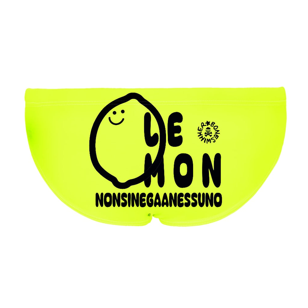 Costume da allenamento nuoto in piscina Boneswimmer da uomo, modello slip H2OTTO 389HF LIMONE con stampa artistica limone nero sorridente e scritta "LEMON NON SI NEGA A NESSUNO" su sfondo giallo lime; retro