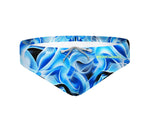 Costume da allenamento nuoto in piscina Boneswimmer da uomo e bambino, modello slip H2OTTO 390HF FIAMME BLU con grafica fiamme blu e bianche su sfondo nero; fronte