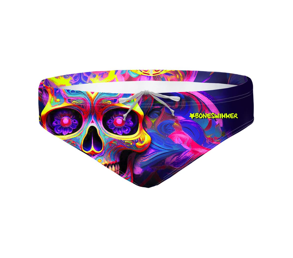 Costume da allenamento nuoto in piscina Boneswimmer da uomo, modello slip H2OTTO EL DORADO con un teschio dorato e colori fluo; fronte