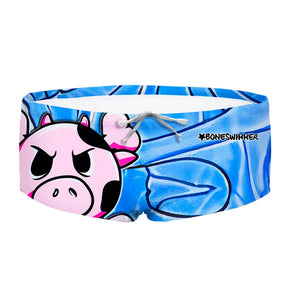 Costume da allenamento nuoto in piscina Boneswimmer da uomo, modello parigamba UCLA SKULLCOW con una testa di mucca rosa e ossa incrociate in stile cartoon; vista frontale