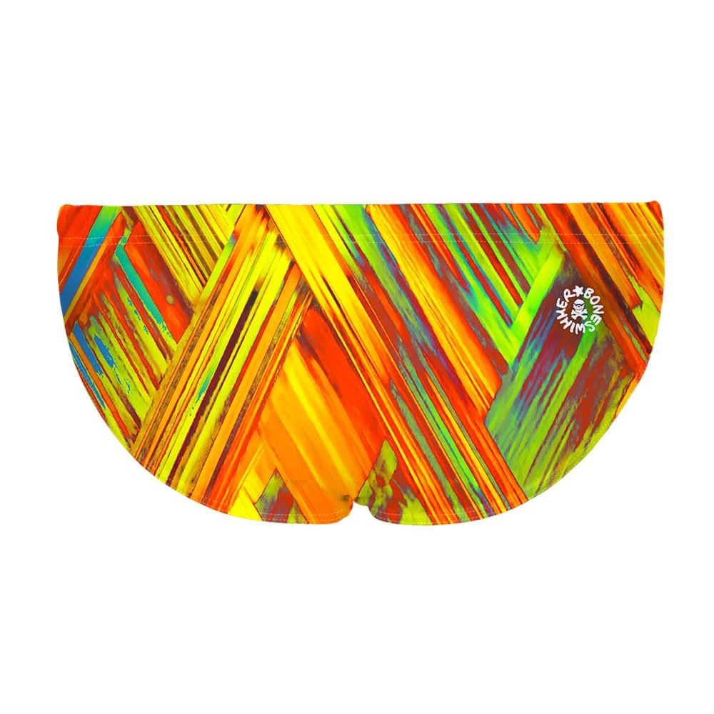 La vista posteriore del costume da nuoto Boneswimmer H2OTTO FUSION  con una trama di striscie come pennellate di colori caldi