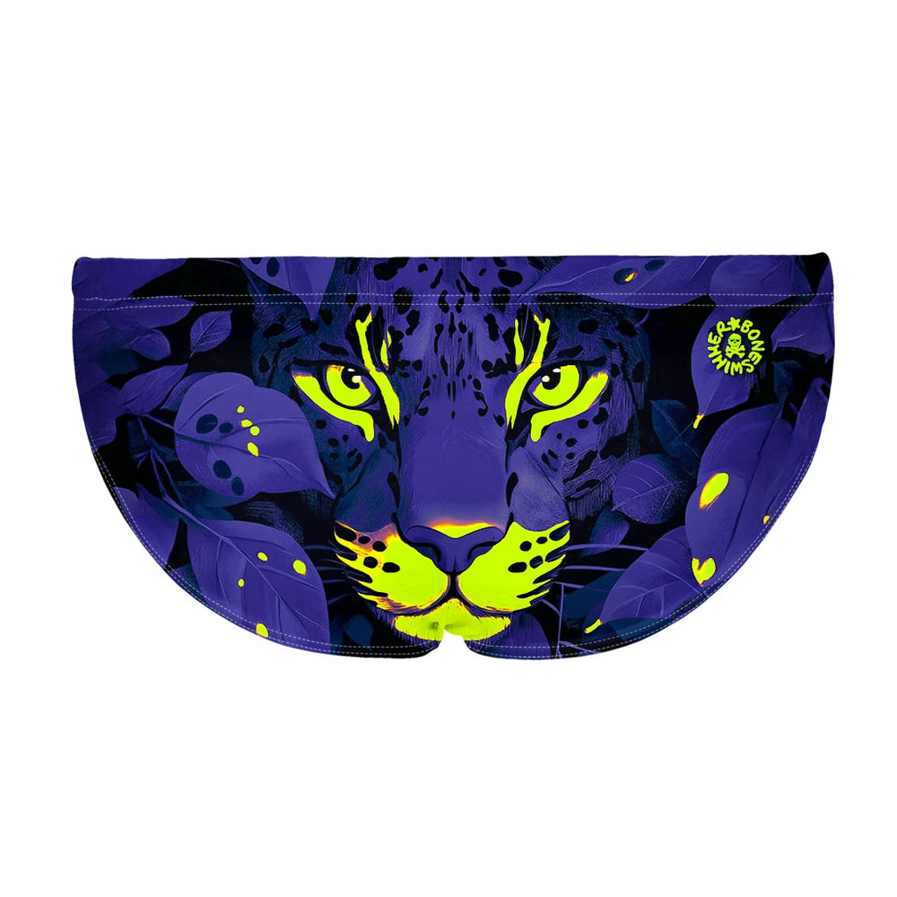 La vista posteriore del costume da nuoto Boneswimmer H2OTTO GLOW con un giaguaro nel fogliame notturno e macchie giallo fluo
