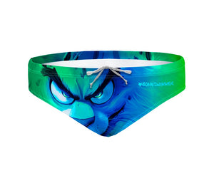 Costume da allenamento nuoto in piscina Boneswimmer da uomo, modello slip H2OTTO PINKY con il muso deciso di un felino in sfumature di colori blu e verdi; fronte