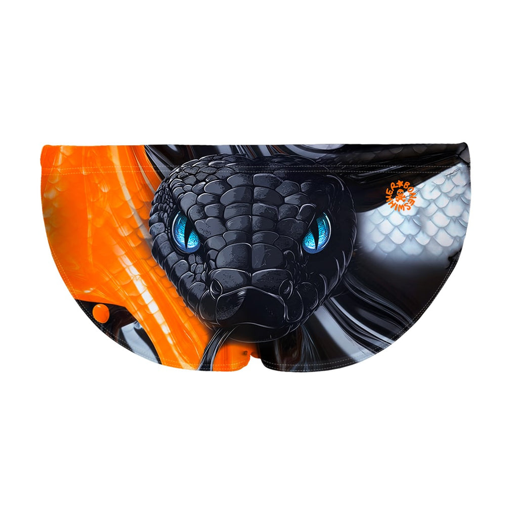 La vista posteriore del costume da nuoto Boneswimmer H2OTTO SNAKE con il muso di un ipnotico serpente nero con la trama delle sue squame; fronte