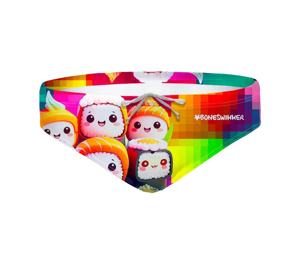 Costume da allenamento nuoto in piscina Boneswimmer da uomo, modello slip H2OTTO SUSHI con roll sushi in stile kawaii colorati; fronte