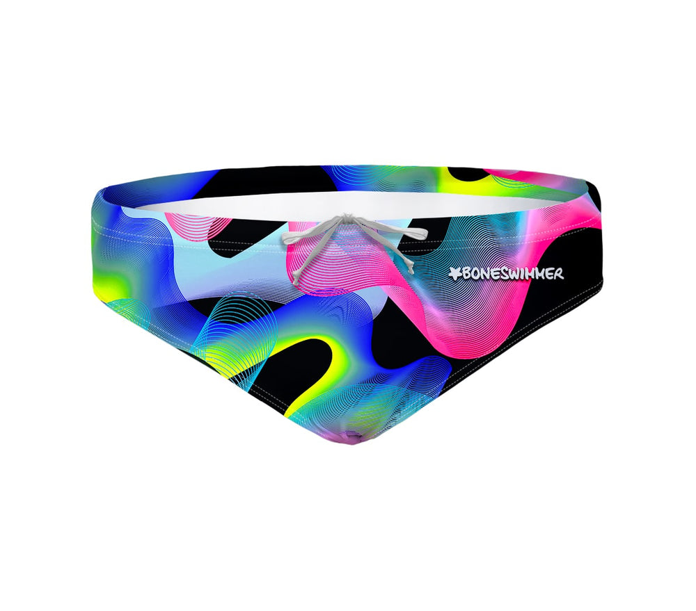 Costume da allenamento nuoto in piscina Boneswimmer da uomo, modello slip H2OTTO WAVES con onde geometriche a colori fluo; fronte