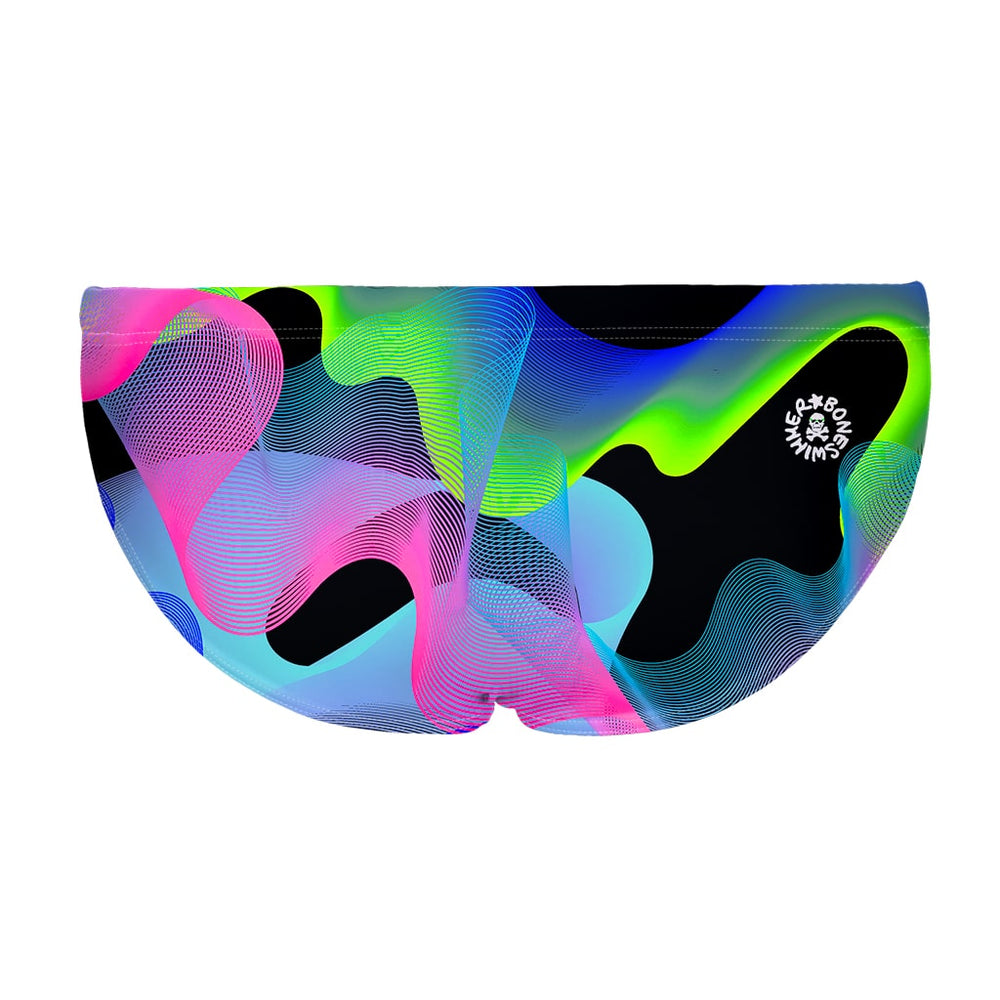 La vista posteriore del costume da nuoto Boneswimmer H2OTTO WAVES con una trama di onde a colori fluo