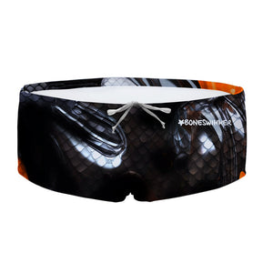 Costume da allenamento nuoto in piscina Boneswimmer da uomo, modello parigamba UCLA SNAKE con la trama squamata di un serpente nero; fronte