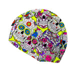 Cuffia da nuoto in lycra Boneswimmer Teschi Messico – modello L020CF, con calavere messicane su fondo giallo fluo
