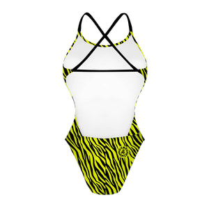 Costume da donna intero per il nuoto in piscina nel tempo libero, modello ALTE  leggermente sgambato e foderato, variante LAMOO zebrato giallo e nero, retro