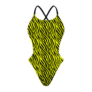 Costume da donna intero per il nuoto in piscina nel tempo libero, modello ALTE  leggermente sgambato e foderato, variante LAMOO zebrato giallo e nero, fronte