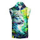 Poncho in microfibra unisex e taglia unica; modello 39PO LUIGI con stampa di un elegante giaguaro bianco in un mondo colorato, fronte 