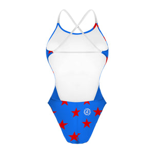 Costume da donna intero per il nuoto in piscina nel tempo libero, modello ALTE  leggermente sgambato e foderato, variante STARS stelle rosse su sfondo blu, retro
