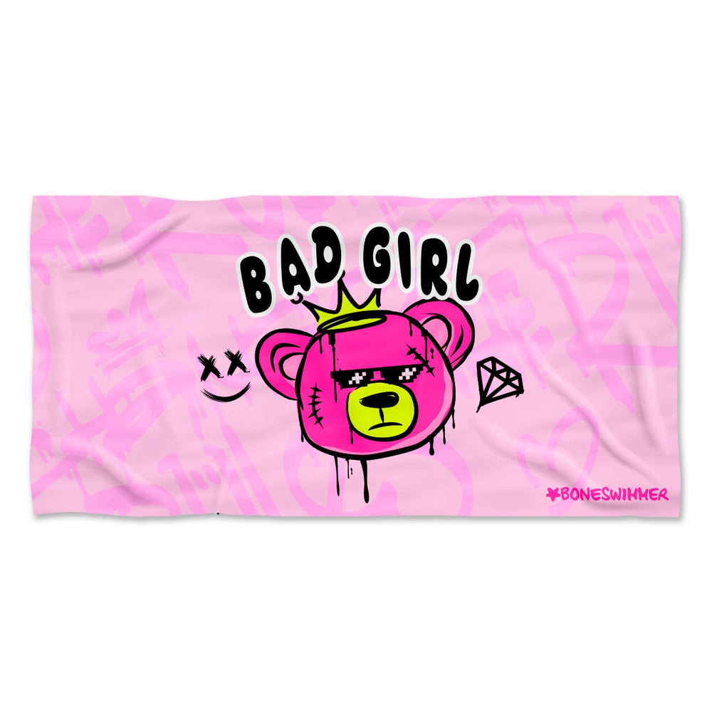 Telo mare piscina Boneswimmer in microfibra rosa con orsetto corona e scritta Bad Girl.