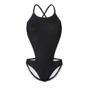 Costume da donna intero per il nuoto in piscina nel tempo libero, modello Boneswimmer DEGA a vita bassa e fianchi scoperti; variante TOTAL BLACK, fronte