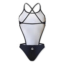 Costume da donna intero per il nuoto in piscina nel tempo libero, modello Boneswimmer DEGA a vita bassa e fianchi scoperti; variante TOTAL BLACK, retro